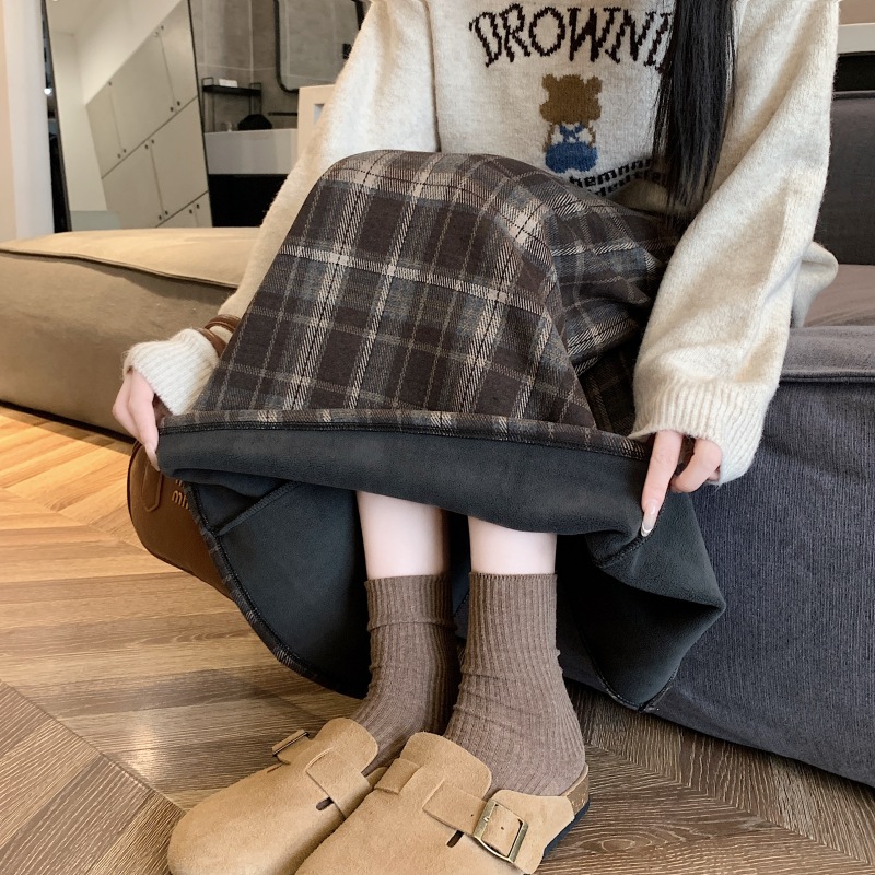 Plus size fat girl autumn and winter new style simple lady super slim A-line skirt plaid pattern high waist skirt