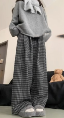 Japanese retro lazy style wide-leg pants for women autumn and winter 2024 new velvet thickened high-waisted casual woolen plaid pants
