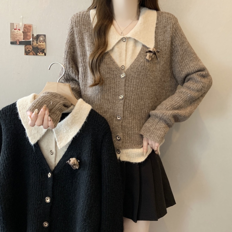 Plus size fat mm autumn and winter new style lazy style sweater, gentle temperament, fake two-piece knitted tops, slimming and covering the belly