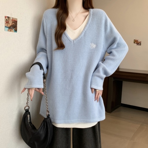 Plus size fat mm autumn and winter new Korean fake two-piece loose lazy style niche pullover sweater for women