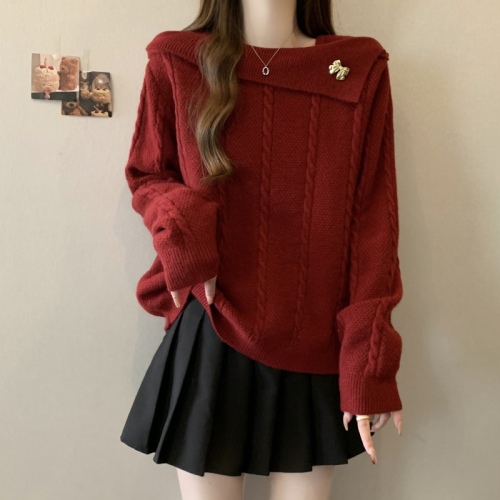 Large size temperament French red sweater for fat mm women autumn and winter new slim square neck knitted top
