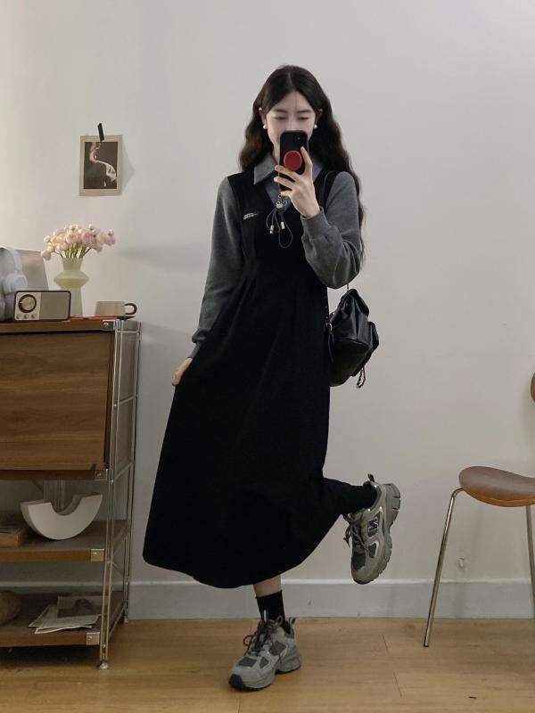 Plus size autumn and winter new black long-sleeved dress women's thickened knitted fake two-piece temperament skirt