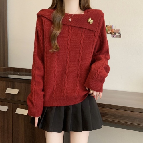 Large size temperament French red sweater for fat mm women autumn and winter new slim square neck knitted top