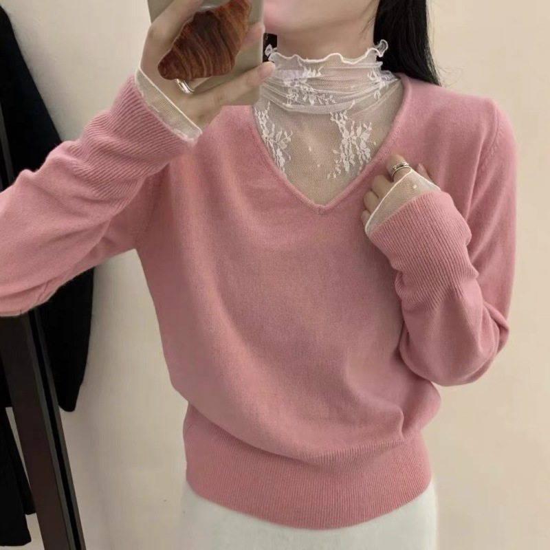 Gentle style splicing mesh fake two-piece wool sweater for women 2024 autumn and winter new style trendy bottoming shirt