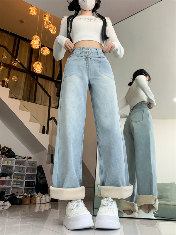 Velvet thickened jeans for women 2024 autumn and winter large size fat mm retro high waist wide leg pants straight floor mopping pants