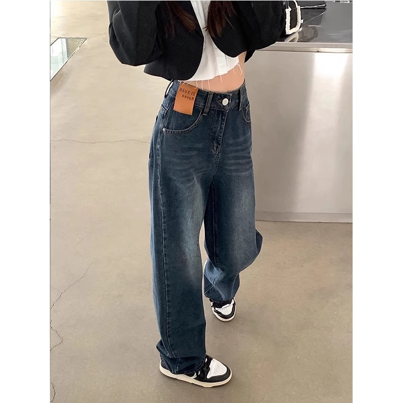 High-waist straight jeans for women in autumn new style plus velvet loose plus size fat girl mm pear-shaped figure slimming trousers