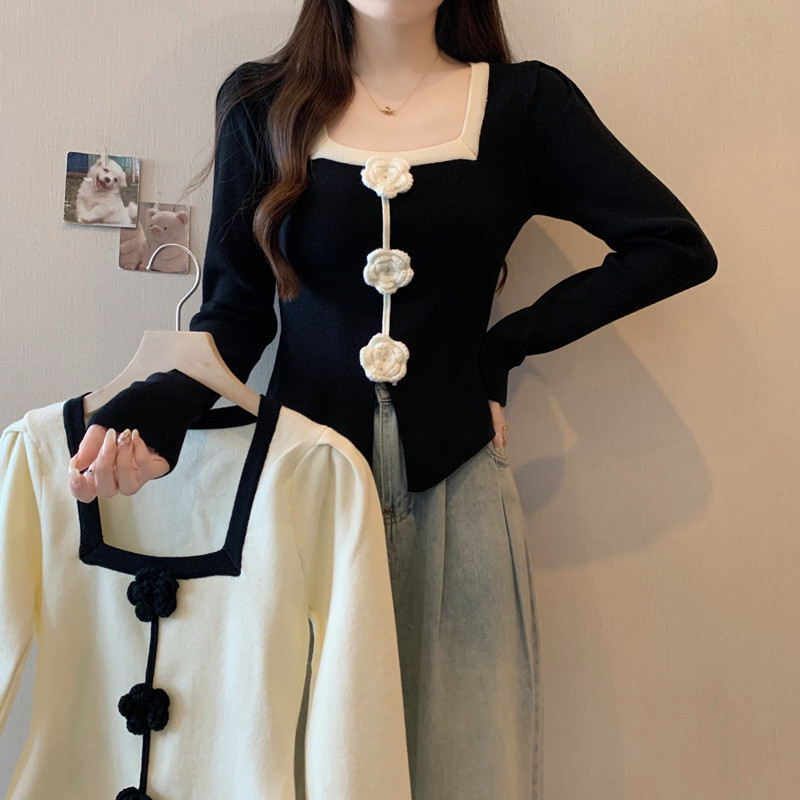 Plus size women's fat mm autumn and winter French square collar three-dimensional flower irregular sweater top slim sweater
