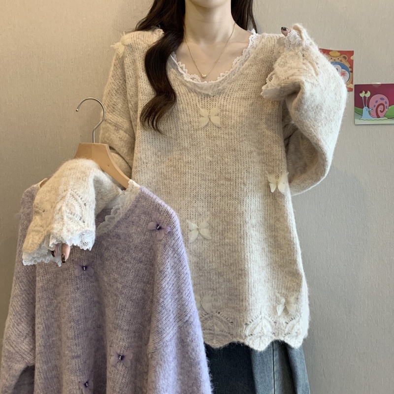 French lace V-neck sweater white sweater for women 2024 winter large size fat mm mid-length bottoming shirt top
