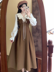 French lapel temperament dress for women, contrasting color fake two-piece fat girl to cover the flesh and look slim, college style knee-length long skirt