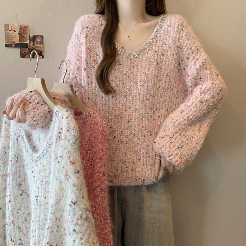 Plus size fat mm autumn and winter new dopamine color dot V-neck sweater sweet age-reducing soft waxy top