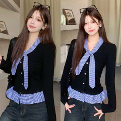 College style contrasting plaid splicing fake two-piece sweater for women 2024 autumn and winter new Korean style top to look slim