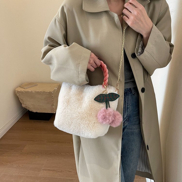 Cherry Girl Plush Handbag Women's 2024 Autumn and Winter New Fashion Style Furry Chain Diagonal Bucket Bag