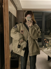 Large size letter patch quilted bomber jacket American retro baseball uniform cotton coat