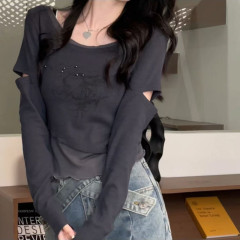 Plus size autumn and winter new products 2024 slim and versatile slim stitching fake two-piece design ins style Korean style tops