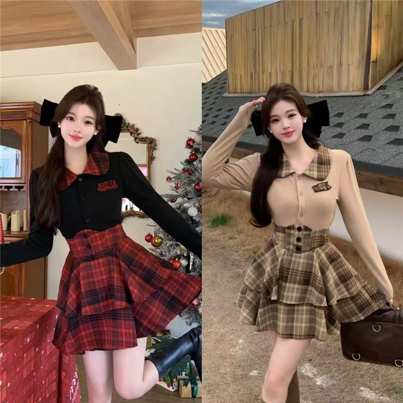Slightly chubby mm pure lust style JK uniform waist slim shirt top plaid high waist skirt