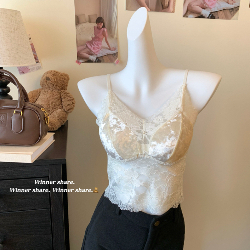 Velvet splicing lace camisole women's winter inner V-tie bra pad short pure lust top
