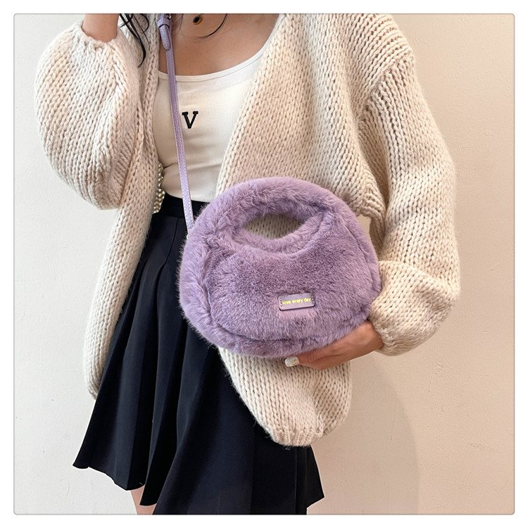 Japanese and Korean autumn and winter new plush handbag imitation wool women's small round bag logo shoulder strap cross-body Internet celebrity dumpling bag