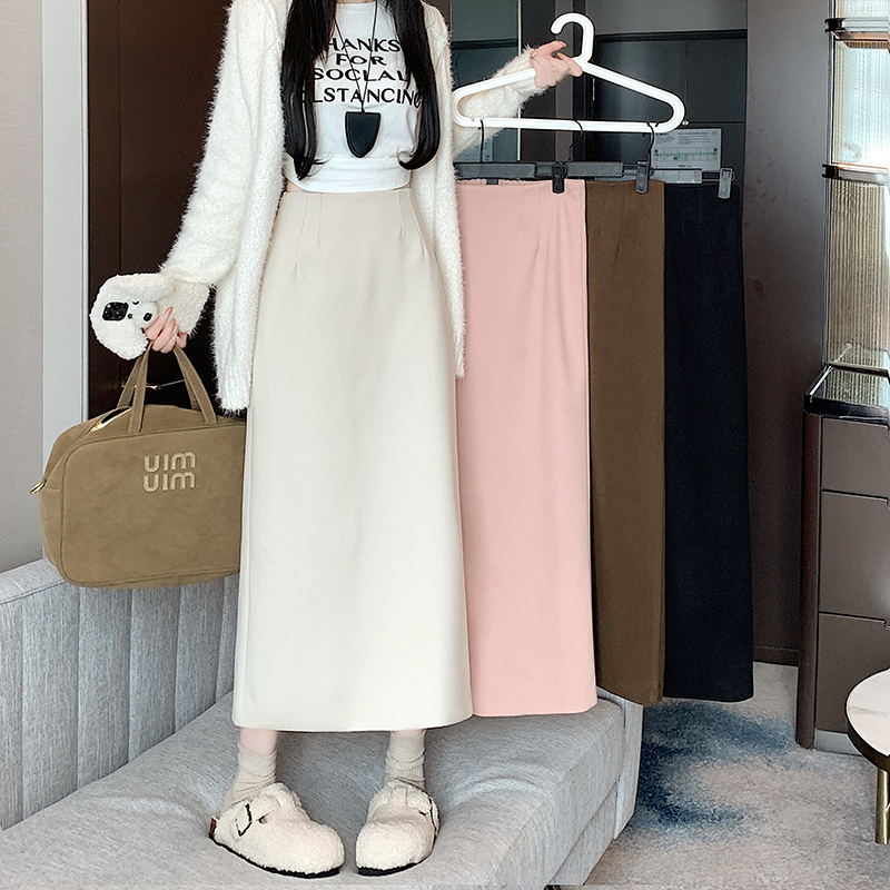Spot large size fat girl autumn and winter high waist slit skirt slim and versatile woolen A-line mid-length skirt