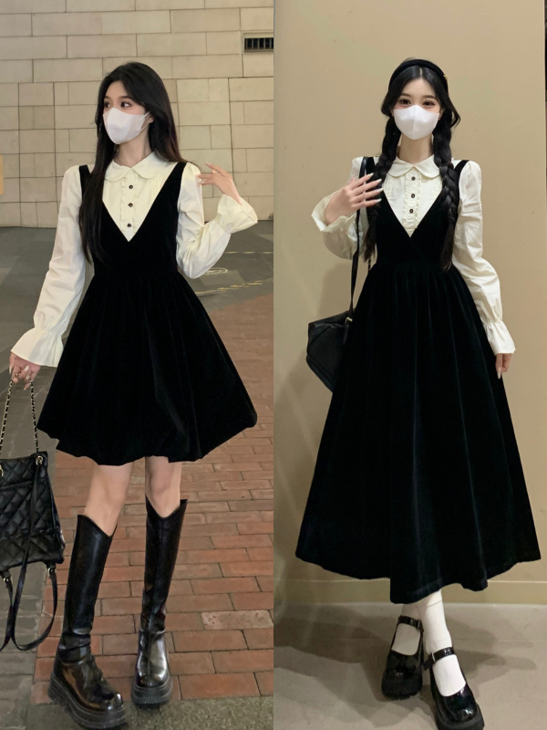 Large size new slim sweet velvet dress for women 2024 autumn and winter new slightly fat belly-covering temperament flower bud skirt