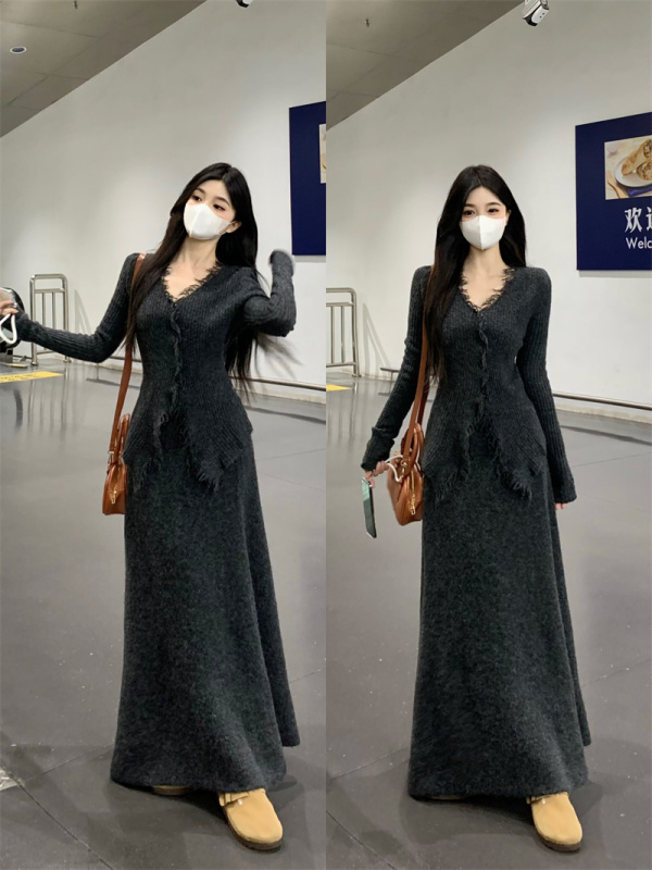 French high-end tea style lazy style soft and waxy V-neck raw edge knitted top casual skirt suit