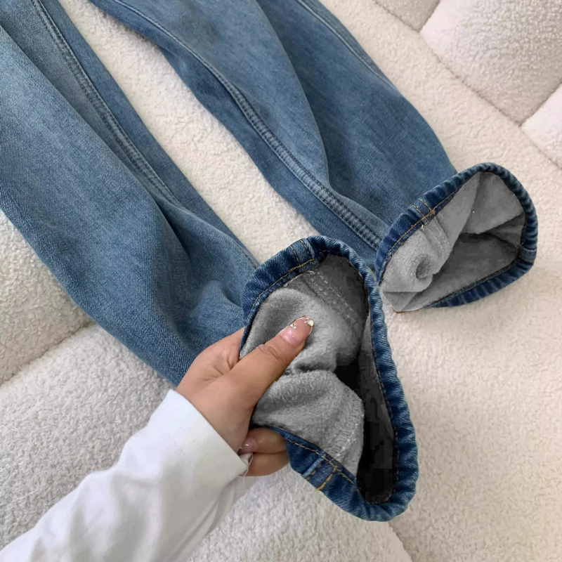 Floor-length warm high-waisted jeans for women, thickened and velvet straight, loose and narrow version, retro wide-leg versatile long pants for winter