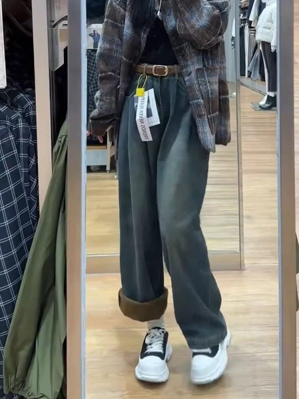 Large size S-5XL velvet jeans straight leg loose autumn and winter 2024 high waist slimming wide leg floor mopping pants