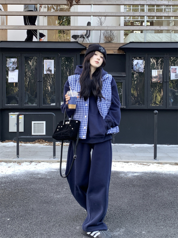Large size Korean blue checkered vest sleeveless vest top for women + velvet thickened casual hooded sweatshirt