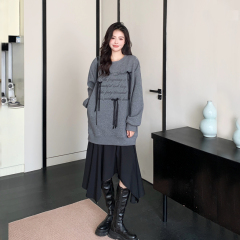 Large size Korean design bow stitching slim casual sweatshirt dress irregular long skirt