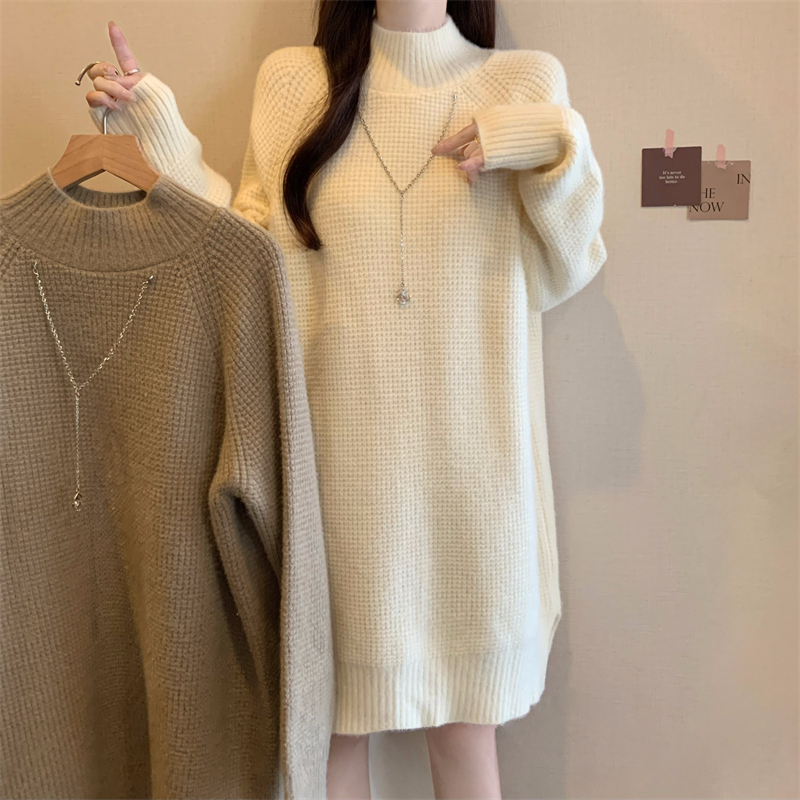 2024 new autumn and winter plus size women's fat mm half turtleneck sweater thickened knitted loose bottoming dress
