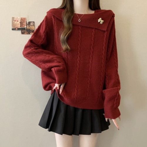 Large size temperament French red sweater for fat mm women autumn and winter new slim square neck knitted top