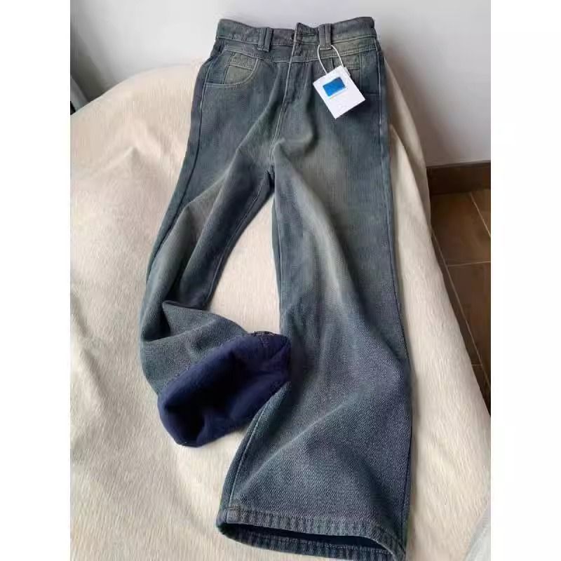 Starry sky pattern wheat ear straight jeans for women in autumn and winter plus velvet and thickened large size fat mm pear-shaped figure hip-covering wide-leg pants