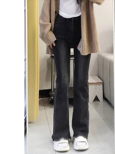 Pear-shaped body slightly booted jeans for women, spring and autumn style, high-waisted, large size, fat mm, slim, raw edge, flared, stretchy horseshoe pants