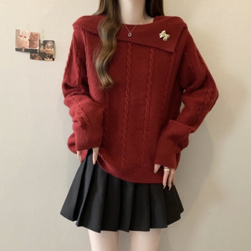 Large size temperament French red sweater for fat mm women autumn and winter new slim square neck knitted top