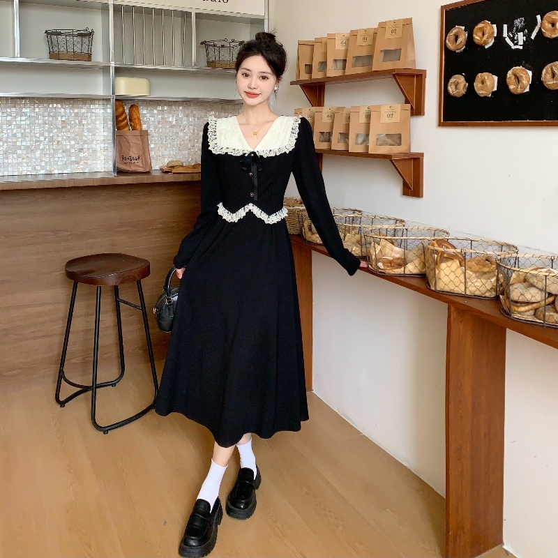 Plus size fat MM French temperament dress autumn new women's long black a-line skirt
