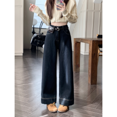 New autumn and winter large size velvet thickened jeans straight simple warm wide leg pants with belt bag