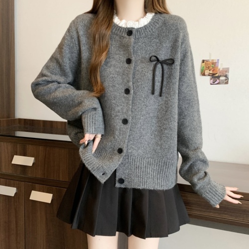 Large size design splicing lace lazy temperament sweater cardigan autumn and winter new bow knitted sweater