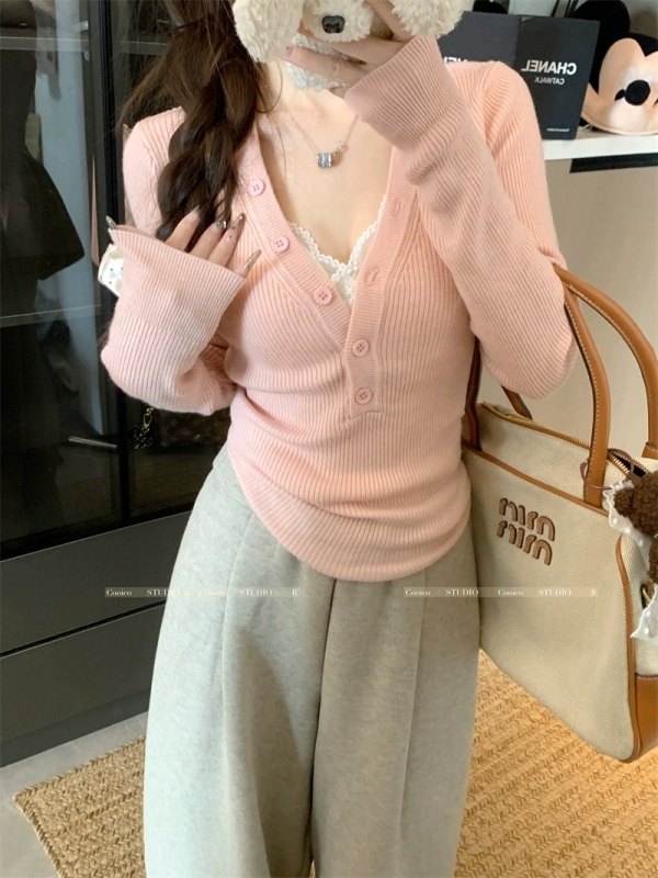 Large size pink v-neck tight long-sleeved sweater for women, design niche solid color slimming bottoming shirt top