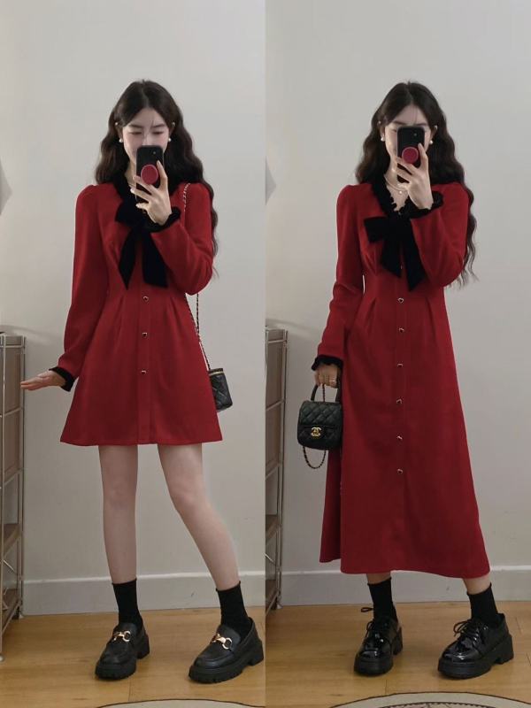 Large size red v-neck waist dress, small fragrant style Christmas skirt, French bow bottoming A-line skirt
