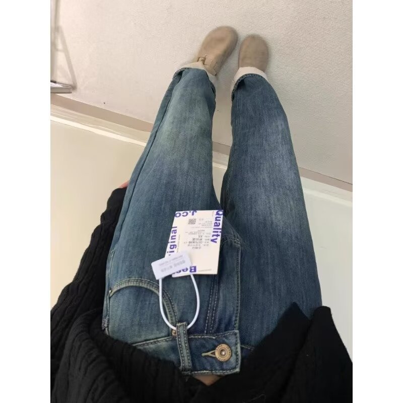Dark and light trousers denim straight-leg pants plus velvet thickened retro blue straight-leg jeans for women in autumn and winter with natural waist