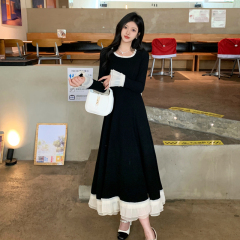 Plus size women's French style lace patchwork waist dress square neck slimming bottoming black long skirt