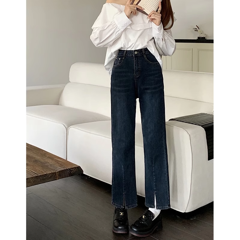High-waisted straight-leg jeans for women in autumn new style plus velvet plus size fat mm pear-shaped figure slimming nine-point cigarette pipe pants