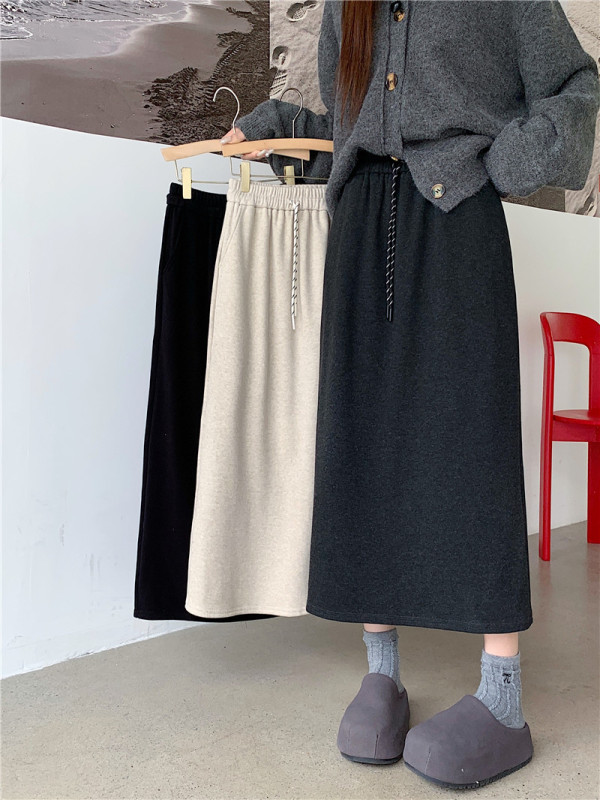 Large size 2024 winter new style drawstring plus velvet thickened skirt women's high waist slimming slit mid-length skirt