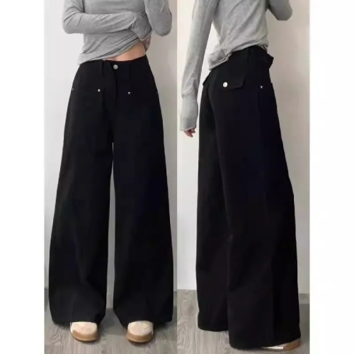 American high street black wide-leg jeans for women 2024 winter new design straight-leg floor-length trousers
