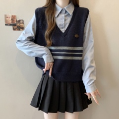 Large size contrasting color POLO lapel fashion loose and versatile fake two-piece pullover casual top shirt