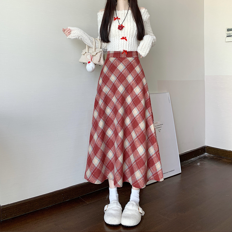 Large size winter high waist thickened J plus plush wool retro plaid mid-length large swing umbrella skirt
