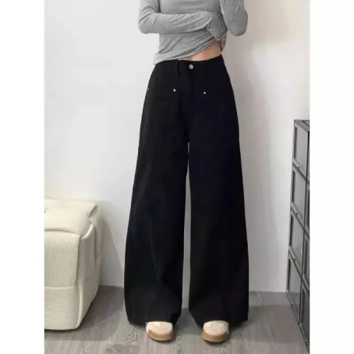 American high street black wide-leg jeans for women 2024 winter new design straight-leg floor-length trousers