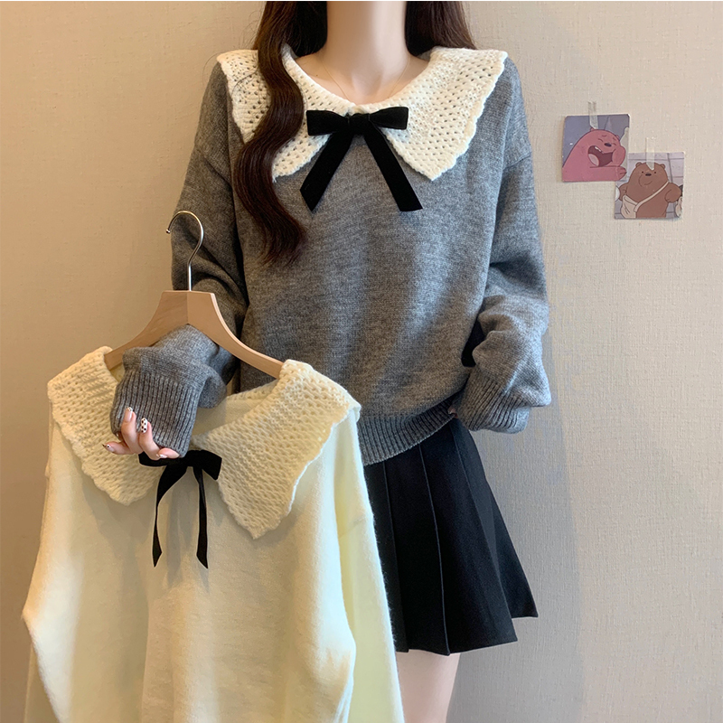 Sweet design sense of wear doll collar sweater women's autumn and winter petite gentle age-reducing lazy style sweater top