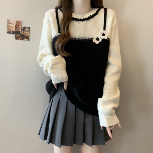 Large size design color block sweater autumn and winter new fake two piece sweater foreign style three-dimensional flower top