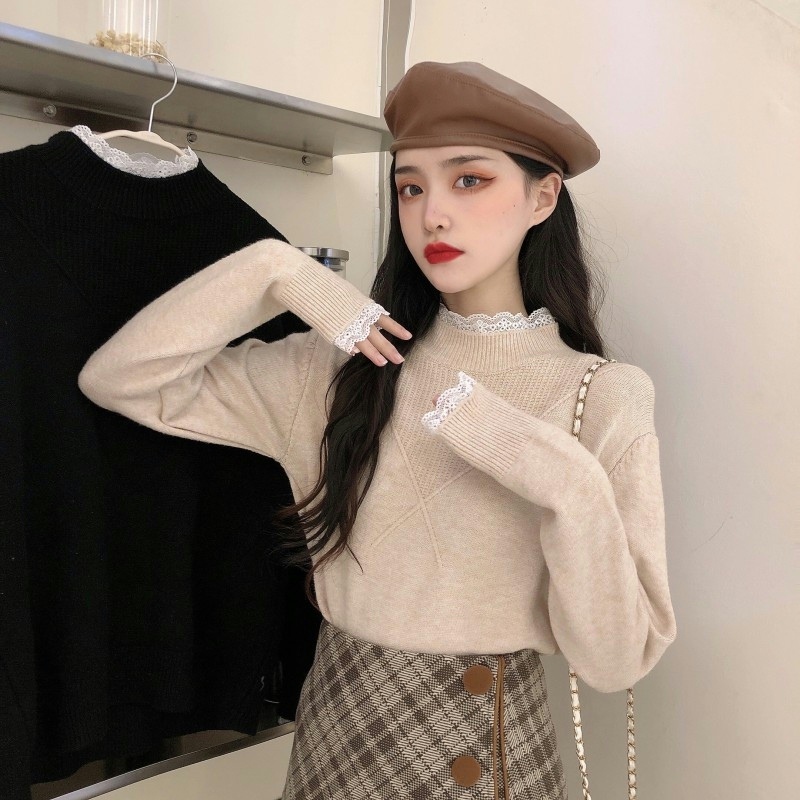 Large size fat mm internet celebrity fake two-piece lace thickened knitted sweater base sweater with the same design