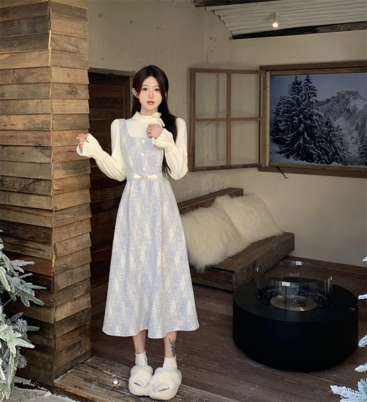 Plus size autumn and winter celebrity Xiaoxiang style inner wear mid-length skirt French two-piece spliced ​​woolen dress
